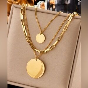 Gold Plated Stainless Steel 1pc Double Pendant Layered Necklace